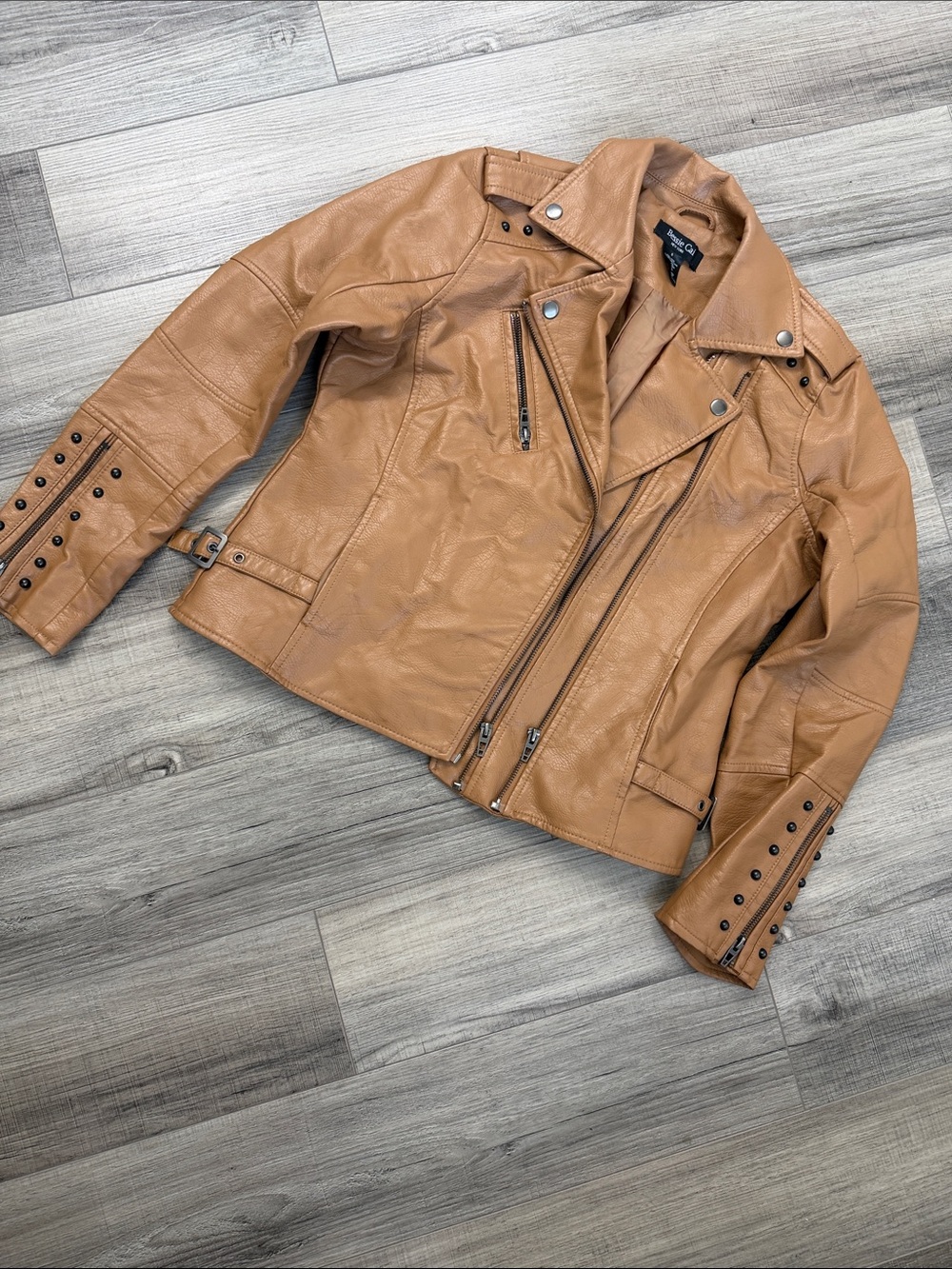 Faux Leather Moto Jacket - Tan